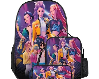 Mochila K-Pop Demon Hunters | Mochila escolar infantil de anime com lancheira e estojo | Presente neon para volta às aulas e viagens