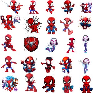 May include: A selection of cartoon Spider-Man character images in different poses. The characters are mainly red and blue, with white details. Some images feature Spider-Man's web and shield.