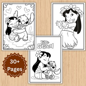 May include: A collection of black and white coloring pages featuring characters from Lilo & Stitch. The images include Lilo hugging Stitch, Lilo dancing, and Lilo kissing Stitch. The cover reads "30+ Pages".
