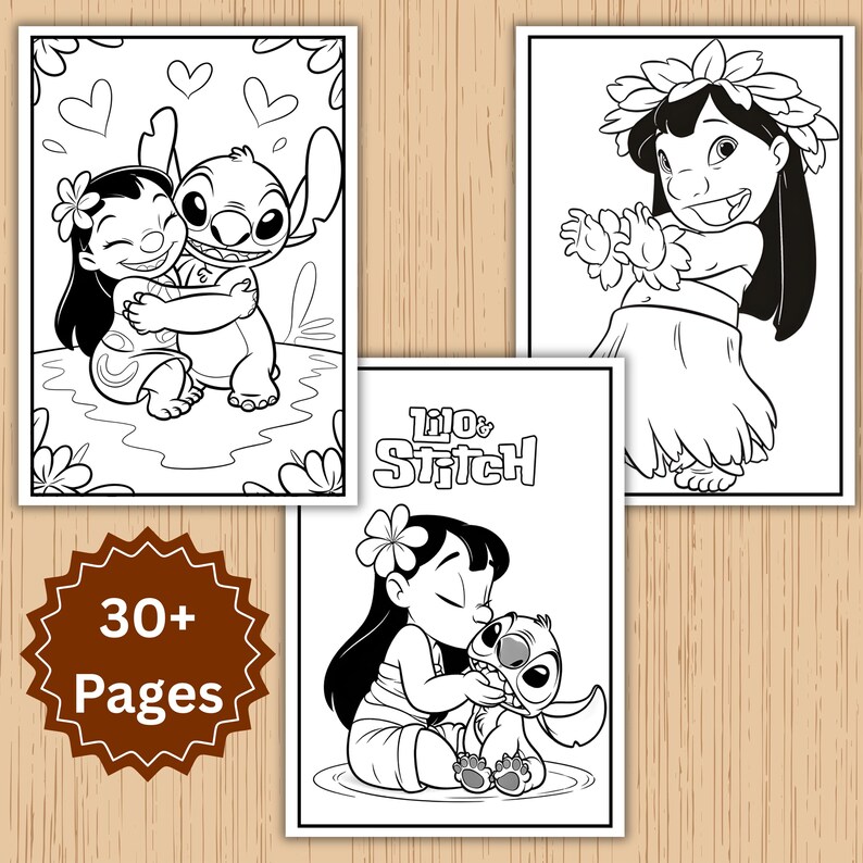 May include: A collection of black and white coloring pages featuring characters from Lilo & Stitch. The images include Lilo hugging Stitch, Lilo dancing, and Lilo kissing Stitch. The cover reads "30+ Pages".