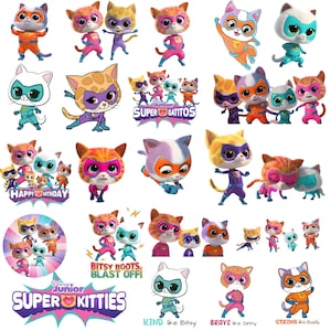 May include: A collection of cartoon cat characters in superhero costumes. The cats are in various poses, with different colored masks and outfits. Some images include text that reads "Super Kitties" and "Super Gatitos".