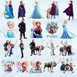 Könnte beinhalten: Eine Sammlung farbenfroher Illustrationen mit Charakteren aus dem Animationsfilm "Die Eiskönigin". Die Bilder zeigen Elsa, Anna, Olaf, Kristoff und Sven in verschiedenen Posen und Outfits. Der Hintergrund ist hellblau.