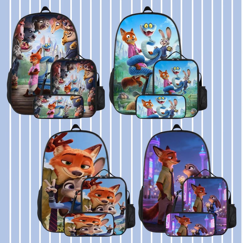 Pode incluir: Quatro conjuntos de mochilas, lancheiras e estojos com o tema Zootopia. Cada conjunto apresenta ilustra&ccedil;&otilde;es coloridas de personagens do filme de anima&ccedil;&atilde;o. As mochilas t&ecirc;m detalhes em preto e al&ccedil;as ajust&aacute;veis.