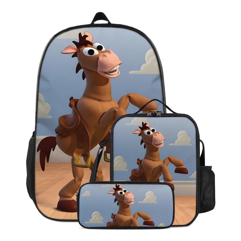 May include: A black backpack, lunch bag, and pencil case set featuring a cartoon image of a brown horse with a saddle. The horse is set against a blue sky with white clouds. The set is designed for school or travel.