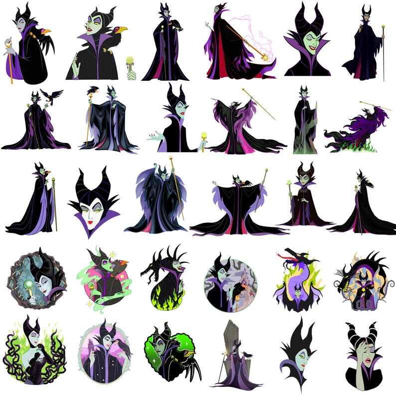 May include: A collection of illustrations featuring a character with black horns, a black and purple gown, and green skin. Some images include a staff, a raven, or a dragon. The character is depicted in various poses and styles.