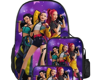 Kpop Dämonenjäger Schulrucksack Set 3tlg | Oxford-Stoff Rucksack, Lunch Bag & Federmäppchen | Anime Inspiriert Studenten Reisetasche Bundle