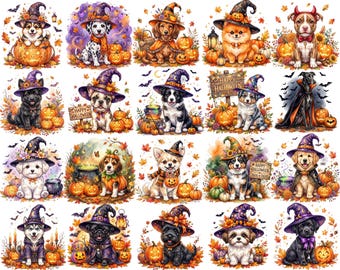 Aquarell Halloween Hunde PNG Bundle, süßes Halloween Tier Clipart, gruseliger Welpe PNG, Süßes oder Saures Hund Clipart Set