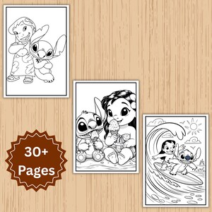 May include: Three black and white coloring book pages featuring characters from a popular animated film. The pages depict characters in various scenes, including surfing and eating ice cream. A brown badge with the text "30+ Pages" is also visible.