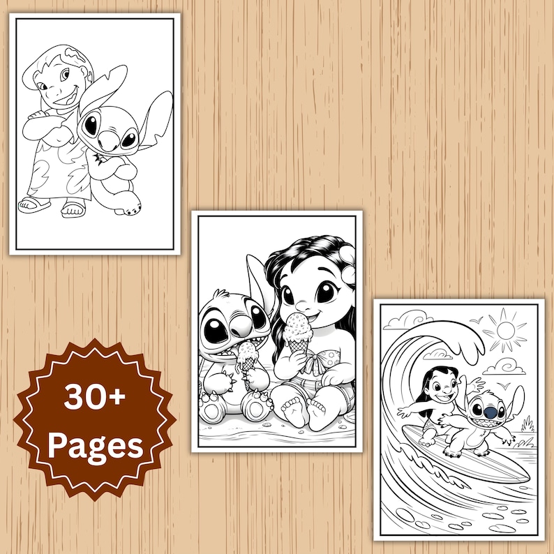 May include: Three black and white coloring book pages featuring characters from a popular animated film. The pages depict characters in various scenes, including surfing and eating ice cream. A brown badge with the text "30+ Pages" is also visible.