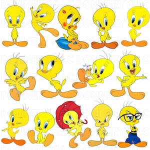 May include: A collection of cartoon images of Tweety Bird in various poses. The yellow bird is depicted with large blue eyes, orange feet, and a variety of expressions. Some images show Tweety with accessories like an umbrella or glasses.