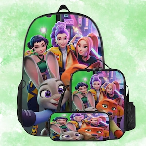 May include: A three-piece backpack set featuring characters from Zootopia. The set includes a backpack, lunch bag, and pencil case. The backpack has a green background with the word "SEOUL" in the background.