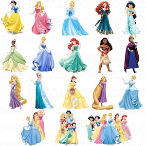 Könnte beinhalten: Eine Sammlung farbenfroher Illustrationen verschiedener Disney-Prinzessinnen in ihren ikonischen Kleidern. Die Prinzessinnen werden in verschiedenen Posen dargestellt, mit detaillierten Kleidern und Accessoires. Das Bild zeigt eine Reihe von Charakteren aus klassischen Zeichentrickfilmen.