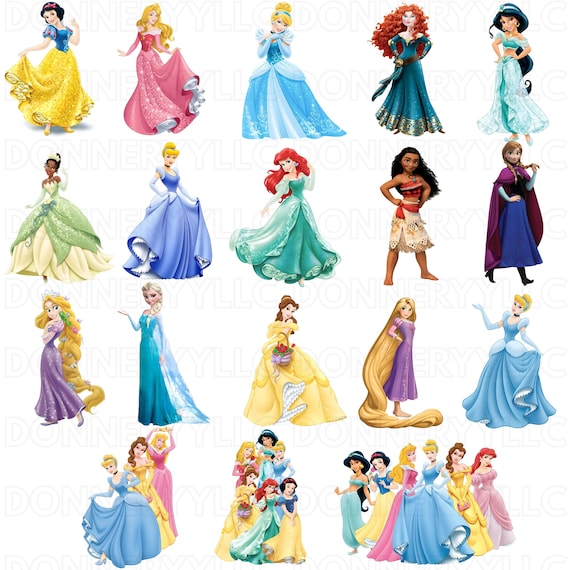 Princess PNG Cliparts Bundle, Princess Cartoon PNG Images, Birthday Theme Princesses Clipart Set, Transparent Background, Digital Download
