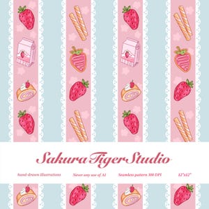 May include: Seamless pattern featuring hand-drawn illustrations of strawberries, strawberry cookies, strawberry milk cartons, and cream rolls. The design includes light blue and pink stripes with a lace-like border. The text "Sakura Tiger Studio" is also present.