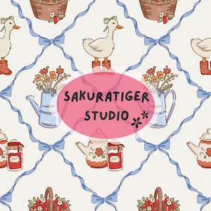 May include: A whimsical pattern featuring ducks in boots, flower-filled pitchers, baskets of strawberries, and jars of jam. Blue ribbons and bows create a decorative grid. The text "SAKURATIGER STUDIO" is displayed on a pink oval.
