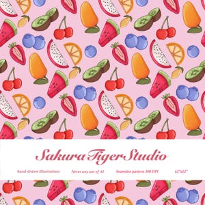 May include: A seamless pattern featuring hand-drawn illustrations of various fruits, including watermelon, kiwi, cherries, blueberries, strawberries, oranges, and mangoes, on a pink background. The text "Sakura Tiger Studio" is displayed at the bottom.