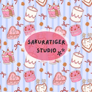 May include: A repeating pattern of pink cakes, cookies, and red bows on a light blue striped background. The cakes are round, heart-shaped, and layered, some with cherries. The text "SAKURATIGER STUDIO" is in a pink oval.