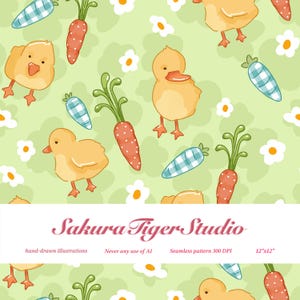 May include: A seamless pattern featuring yellow ducklings, orange carrots, and blue and white checkered carrots on a light green background with white flowers. The text "Sakura Tiger Studio" is displayed at the bottom.