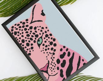 Pink Cheetah Cross Stitch Pattern, Modern Graphic Animal Art (PDF Download)