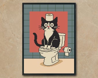 Funny Cat Bathroom Cross Stitch Pattern, Are You Pooping Wall Art (PDF Pattern)