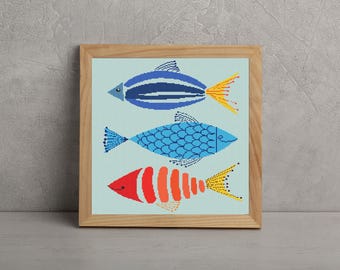 Fish Cross Stitch Pattern – Three Fish Coastal Wall Art, Nautical Home Decor, PDF Pattern