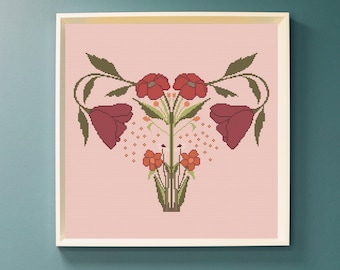 Floral Uterus Cross Stitch Pattern, Feminist Botanical Wall Art, Modern Anatomy Cross Stitch Design, Body Positive Home Decor