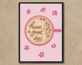 Cozy Coffee Cross Stitch Pattern, Modern Cafe Kitchen Decor, Floral Embroidery (PDF Download)