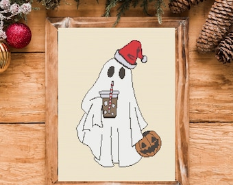 Halloween Ghost Cross Stitch Pattern, Cute Spooky Cross Stitch, Ghost with Santa Hat, Christmas Halloween Decor, PDF Pattern