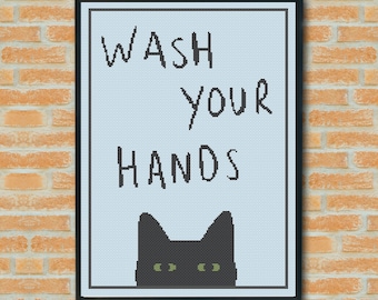 Funny Cat 'Wash Your Hands' Cross Stitch Pattern – Bathroom Decor (PDF Pattern)