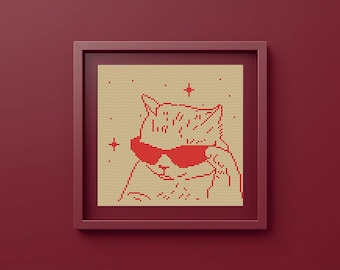 Red Cat Cross Stitch Pattern PDF, Minimalist Graphic Cat with Sunglasses, Modern Wall Art Embroidery, Statement Design