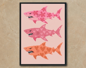 Colorful Sharks Cross Stitch Pattern, Modern Ocean Embroidery Design (PDF)