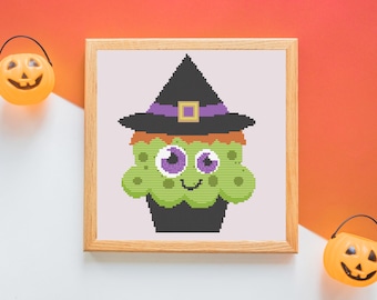 Witch Cupcake Cross Stitch Pattern, Cute Halloween Cross Stitch, Spooky Dessert Art, Halloween Kitchen Decor, PDF Pattern