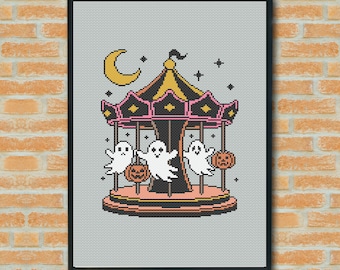 Halloween Ghost Carousel Cross Stitch Pattern, Spooky Haunted Fairground PDF, Instant Download