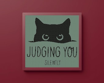 Judging Cat Cross Stitch Pattern, Funny Black Cat Wall Art (PDF Download)