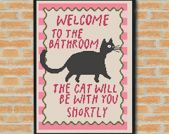 Cat Toilet Cross Stitch Pattern – Funny Cat Bathroom Wall Art PDF