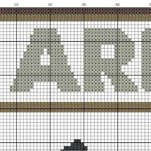 May include: A cross-stitch pattern on a white grid background featuring the letters A, R, and E in a light gray color. The design is enclosed by a dark brown border and a lighter tan inner border, with a small black shape visible at the bottom.
