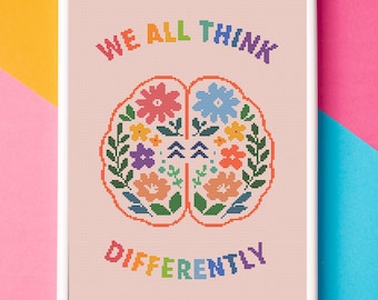 Brain Floral Cross Stitch Pattern, Neurodiversity Art, Mental Health Embroidery (PDF)