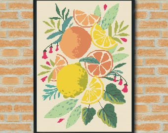 Patrón de punto de cruz de cítricos, decoración de cocina mediterránea (PDF)