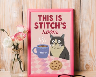 Cat Coffee Cross Stitch Pattern, Stitch's Room Embroidery Decor (PDF)
