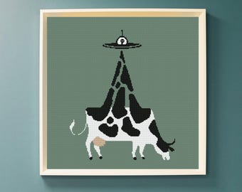 Funny Cow UFO Cross Stitch Pattern, Alien Abduction Cow, Modern Minimal Cross Stitch, Cow Lover Gift, PDF Pattern