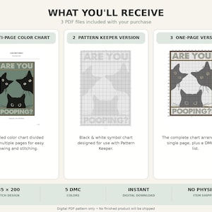 May include: A digital cross stitch pattern set featuring three PDF files: a multi-page color chart, a Pattern Keeper version, and a one-page version. The design displays three black cats with the text ARE YOU POOPING? The set includes 135 by 200 stitches.