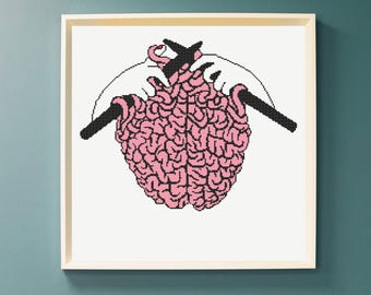 Knitting Brain Cross Stitch Pattern, Mental Health Art (PDF)