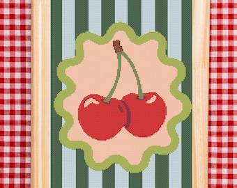 Cherry Cross Stitch Pattern, Retro Fruit Kitchen Decor Art (PDF)