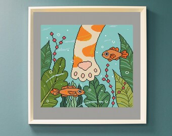 Cat Paw Aquarium Cross Stitch Pattern, Colorful Fish Tank Embroidery PDF, Ocean Wall Art