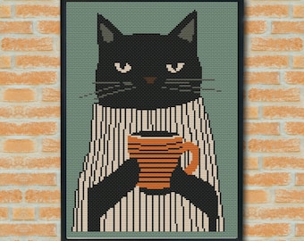 Black Cat Coffee Cross Stitch Pattern, Modern Graphic Art (PDF Pattern)