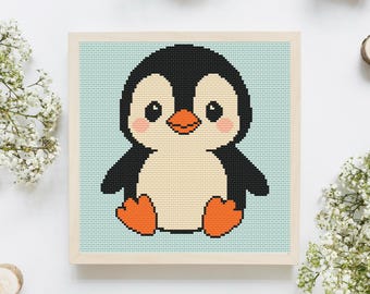 Schema punto croce pinguino carino in PDF, decorazione murale moderna con pinguino, ricamo adatto ai principianti, schema punto croce per la cameretta dei bambini