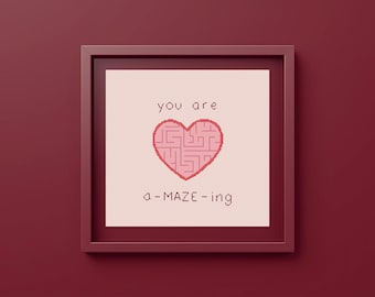 Heart Maze Cross Stitch Pattern, Valentine's Love Quote (PDF Pattern)