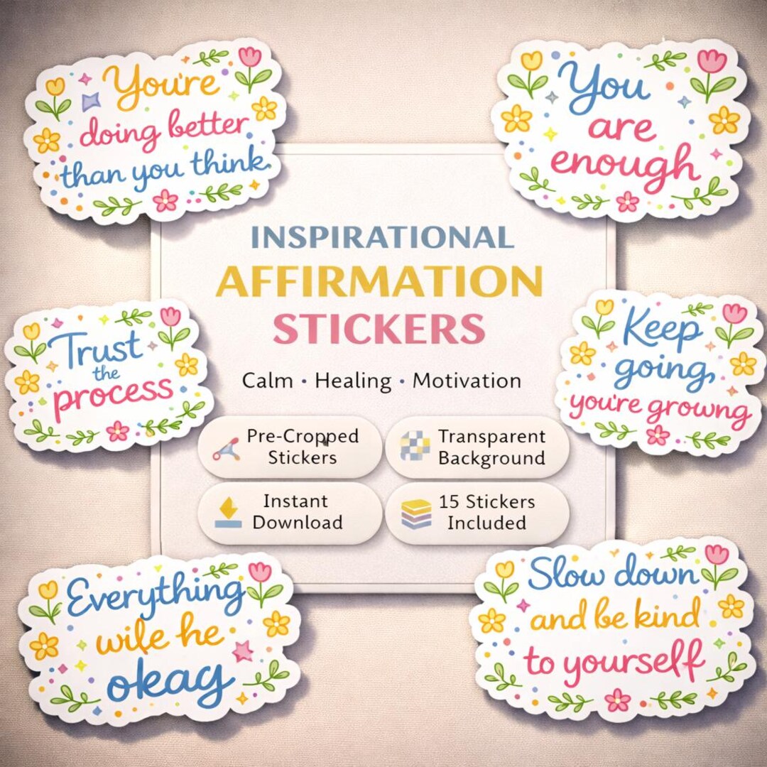 Inspirational Affirmation Stickers PNG Bundle, Planner Clipart, Cute ...