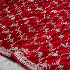 Red Banarasi Jaal Mashru solk saree with Swarovski work. Bridal, wedding, party wear.