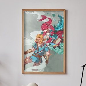 May include: A framed illustration of a video game character in blue and green clothing with a red and white character in the background. The illustration is set against a white background with a light blue and green smoke effect.